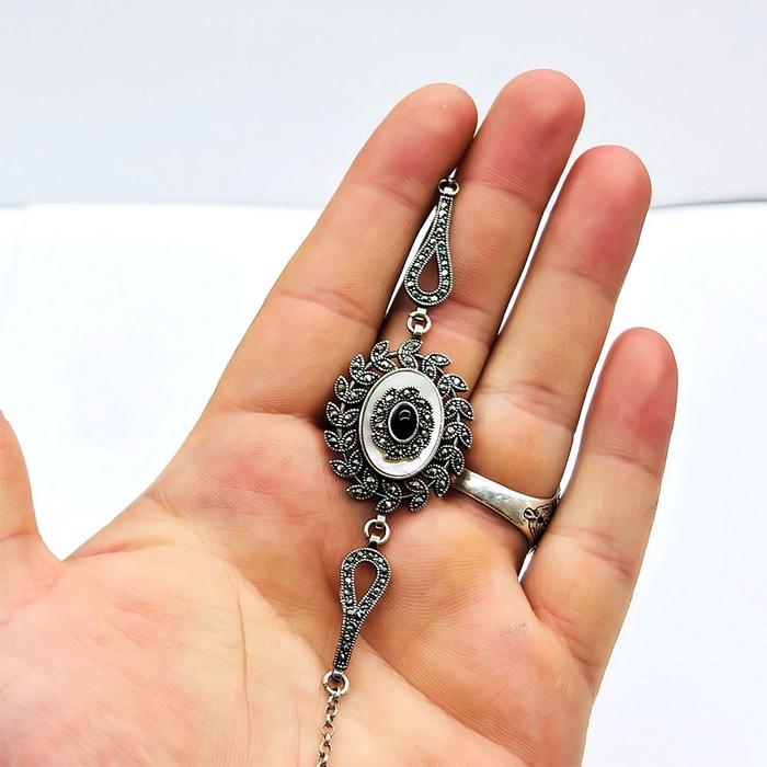 Gül Model 925 Ayar Gümüş Sedef ve Oltu taşı Bileklik