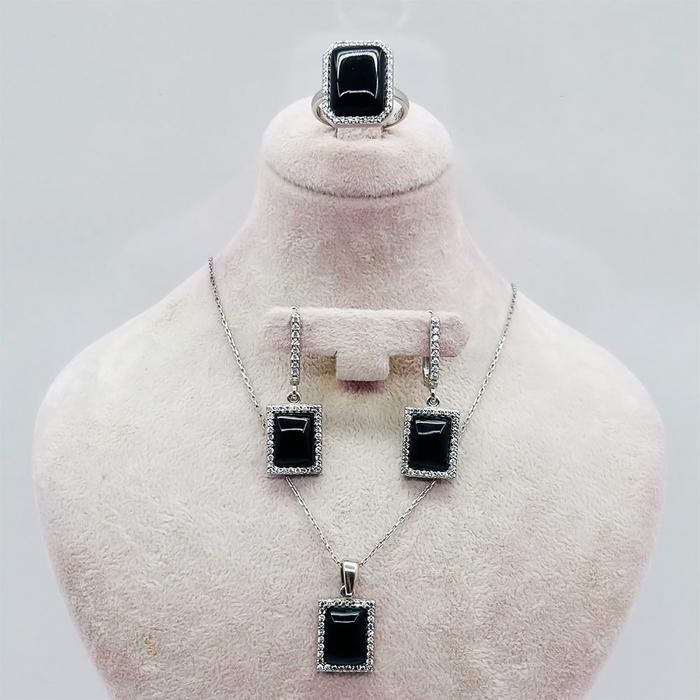  Oltu Taşı İşçilikli 925 Ayar Gümüş Kolye Küpe Yüzük Set