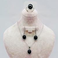  Oltu Taşı İşçilikli 925 Ayar Gümüş Kolye Küpe Yüzük Set