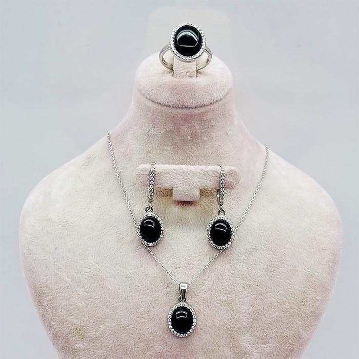  Oltu Taşı İşçilikli 925 Ayar Gümüş Kolye Küpe Yüzük Set