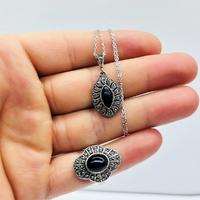  Oltu Taşı İşçilikli 925 Ayar Gümüş Kolye Küpe Yüzük Set