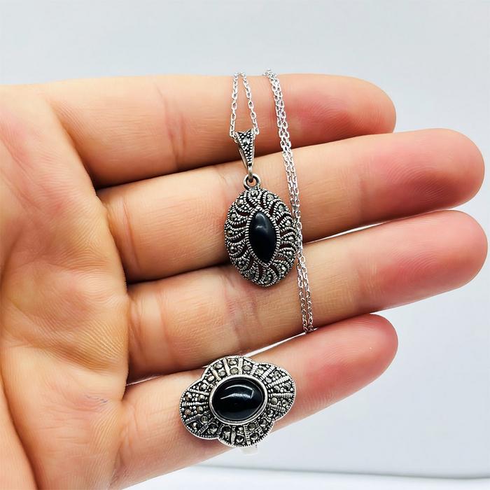  Oltu Taşı İşçilikli 925 Ayar Gümüş Kolye Küpe Yüzük Set