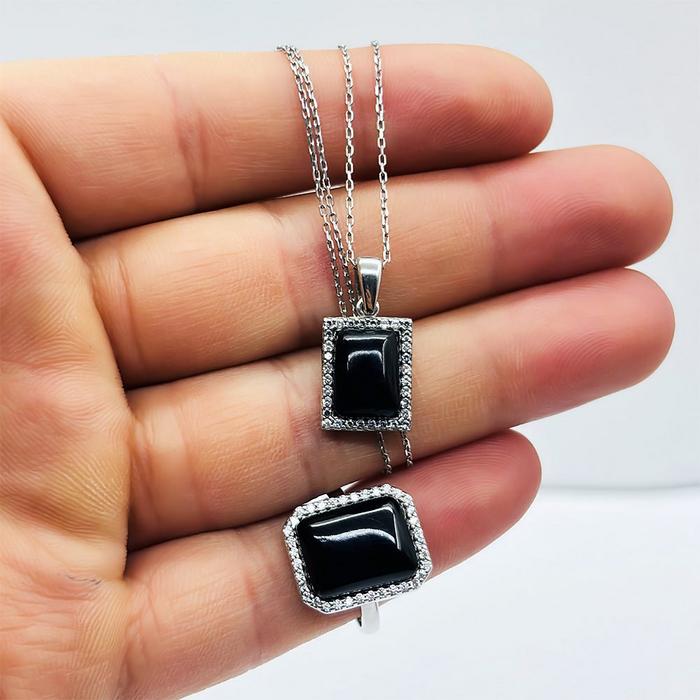  Oltu Taşı İşçilikli 925 Ayar Gümüş Kolye Küpe Yüzük Set