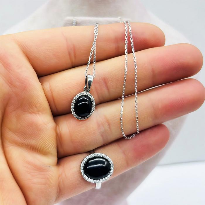  Oltu Taşı İşçilikli 925 Ayar Gümüş Kolye Küpe Yüzük Set