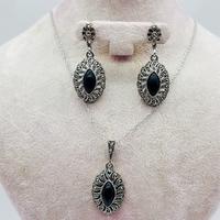  Oltu Taşı İşçilikli 925 Ayar Gümüş Kolye Küpe Yüzük Set