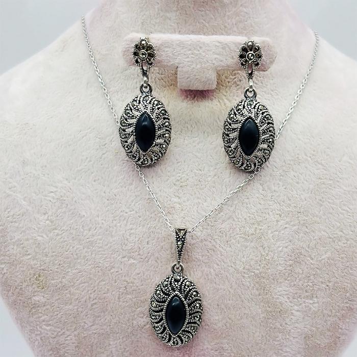  Oltu Taşı İşçilikli 925 Ayar Gümüş Kolye Küpe Yüzük Set