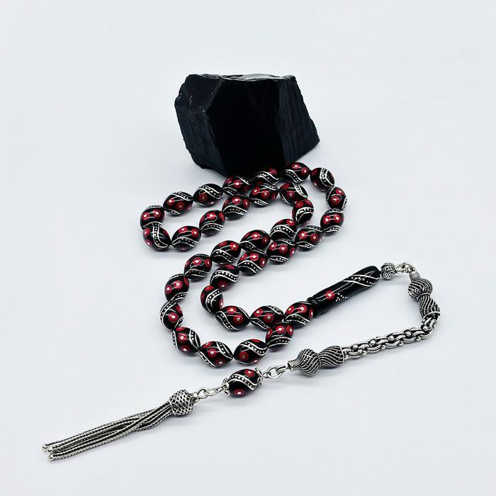 1000 Ayar Gümüş Çeşmi Bülbül İşlemeli Erzurum Oltu Taşı Tesbih