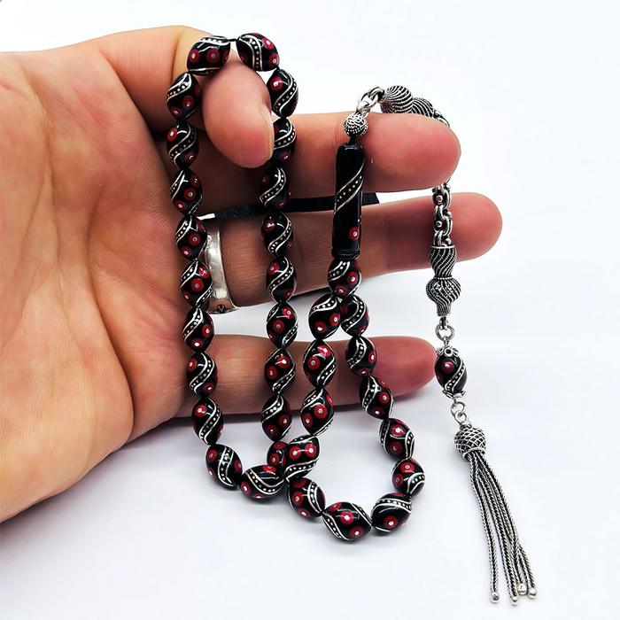 1000 Ayar Gümüş Çeşmi Bülbül İşlemeli Erzurum Oltu Taşı Tesbih