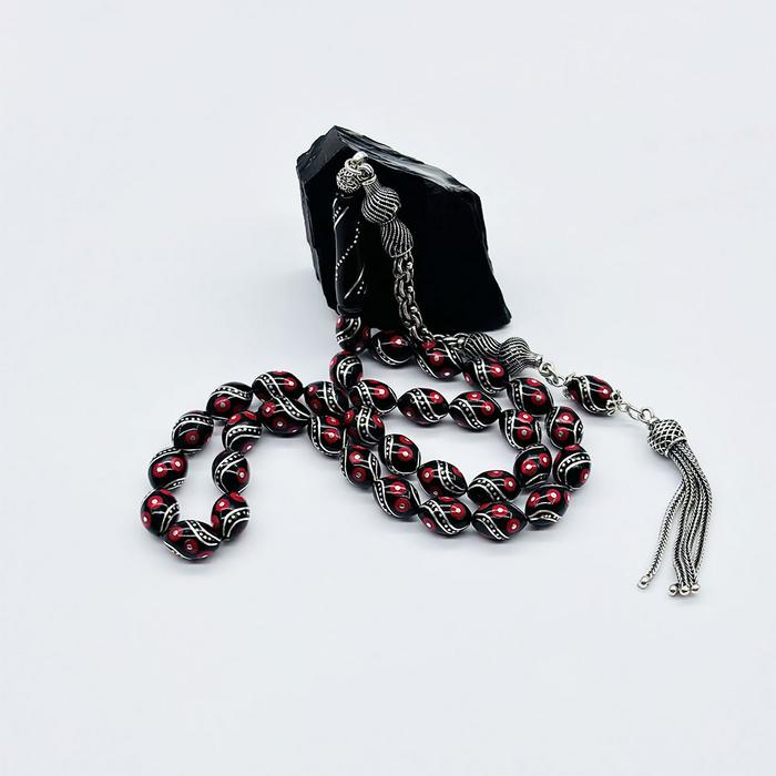 1000 Ayar Gümüş Çeşmi Bülbül İşlemeli Erzurum Oltu Taşı Tesbih