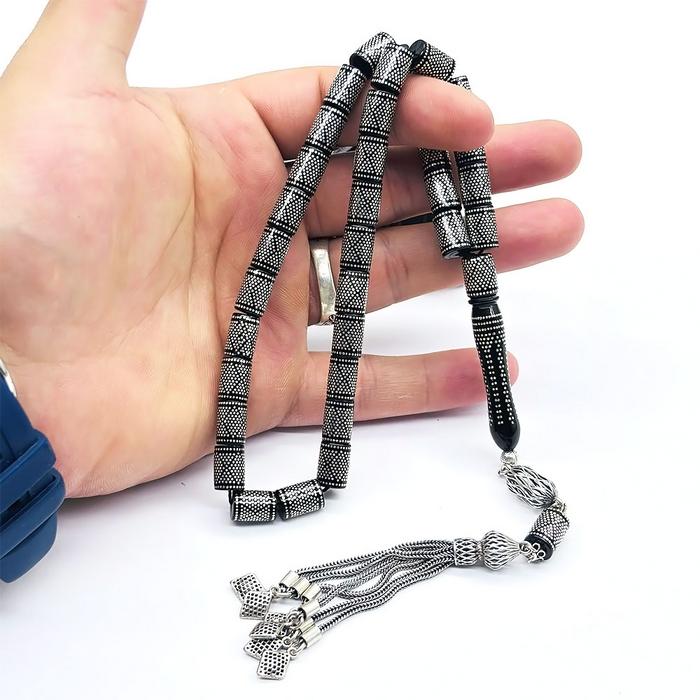 1000 Ayar Gümüş İşlemeli Erzurum Oltu Taşı Tesbih