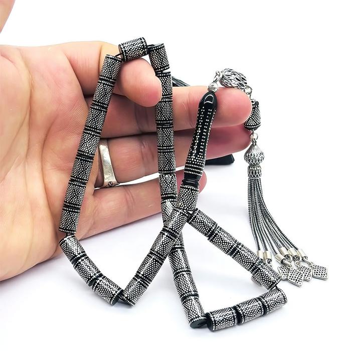 1000 Ayar Gümüş İşlemeli Erzurum Oltu Taşı Tesbih