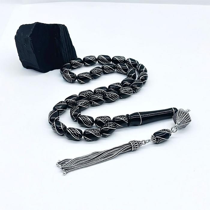 1000 Ayar Gümüş İşlemeli Sertifikalı Oltu Taşı Tesbih