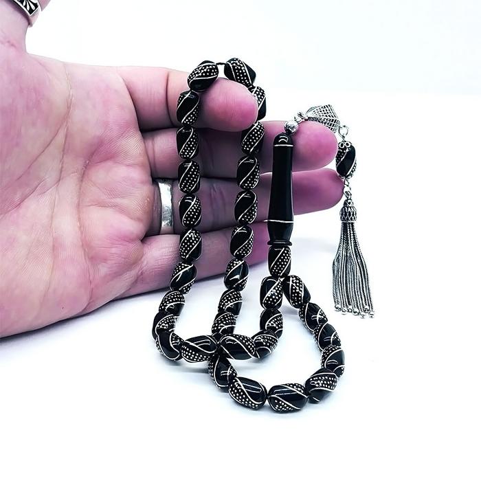 1000 Ayar Gümüş İşlemeli Sertifikalı Oltu Taşı Tesbih