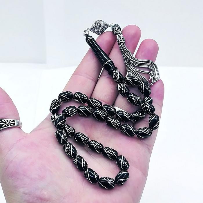 1000 Ayar Gümüş İşlemeli Sertifikalı Oltu Taşı Tesbih