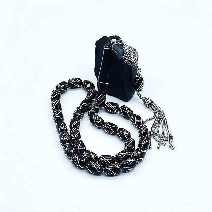 1000 Ayar Gümüş İşlemeli Sertifikalı Oltu Taşı Tesbih