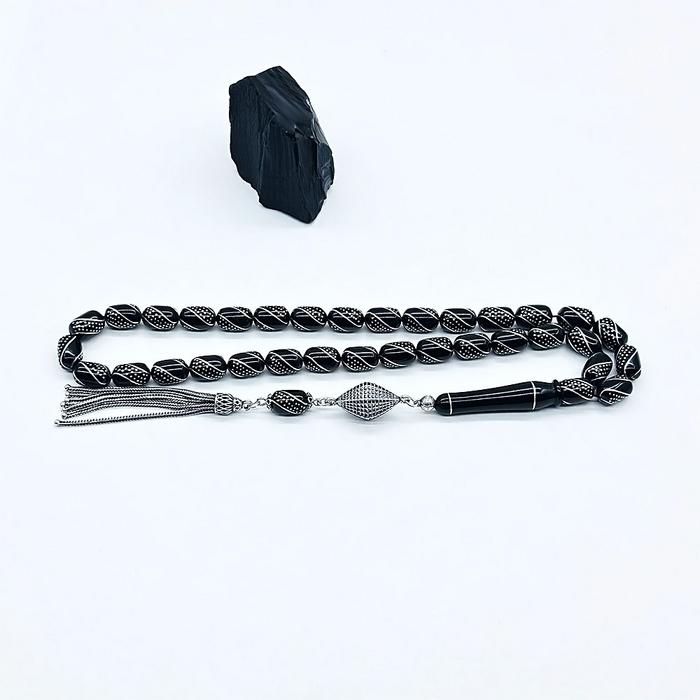 1000 Ayar Gümüş İşlemeli Sertifikalı Oltu Taşı Tesbih