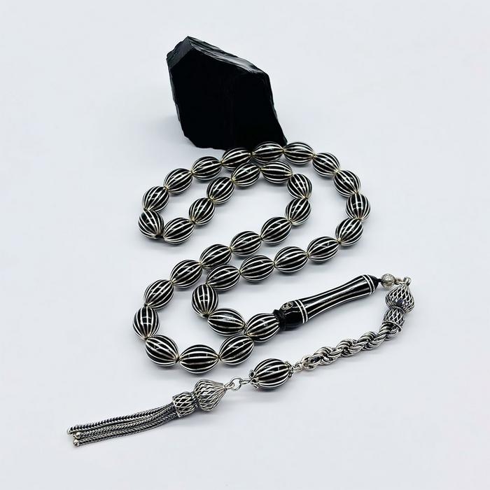 16 Lı Gümüş Karpuz Dilimi İşlemeli Erzurum Oltu Taşı Tesbih