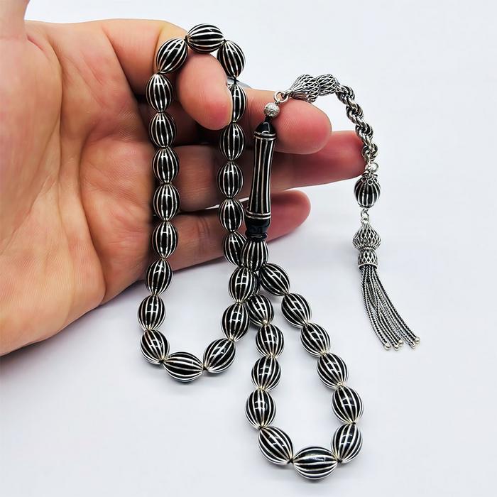 16 Lı Gümüş Karpuz Dilimi İşlemeli Erzurum Oltu Taşı Tesbih