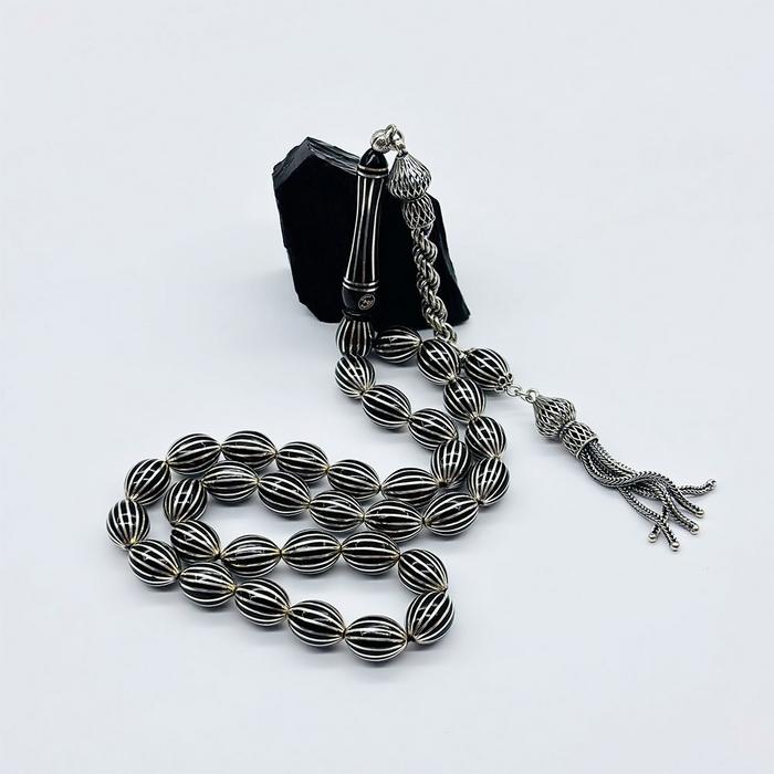 16 Lı Gümüş Karpuz Dilimi İşlemeli Erzurum Oltu Taşı Tesbih