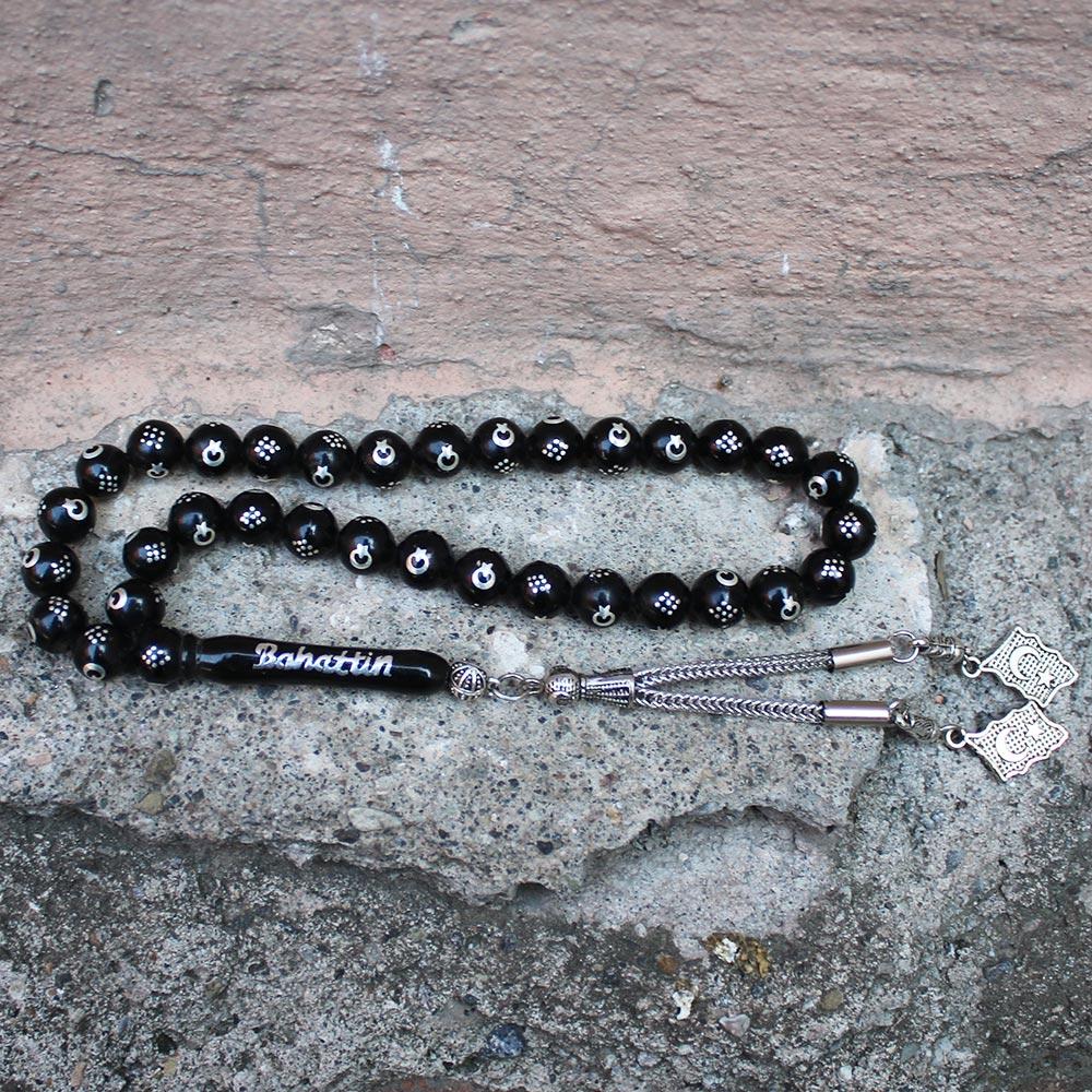 925 K Silver Engraved Silver Plaque Name Engraved Oltu Stone Prayer Beads