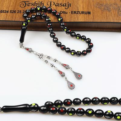 925 Ayar Gümüş İşleme Sarı Kırmızı Orijinal Oltu Taşı Tesbih