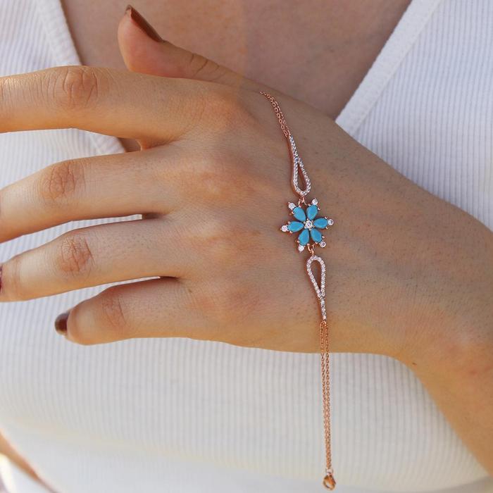 925 Ayar Gümüş Mavi Taşlı Lotus Çiçeği Bileklik