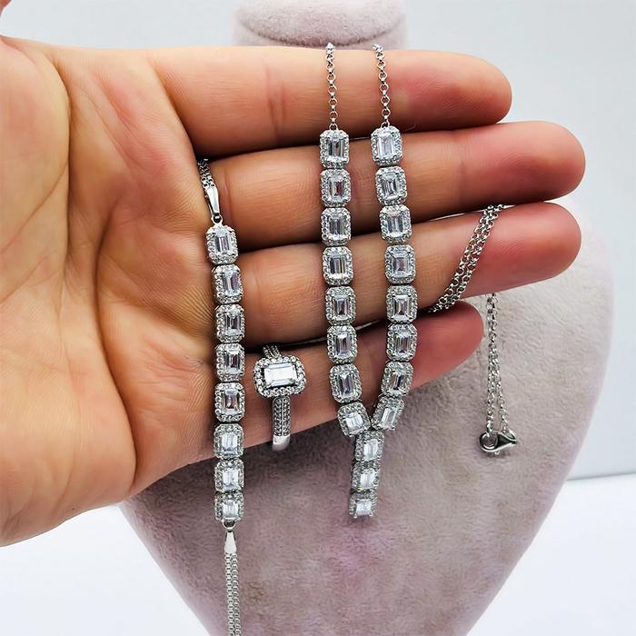 925 Ayar Gümüş Su Yolu Bileklik Kolye Küpe Yüzük Set 