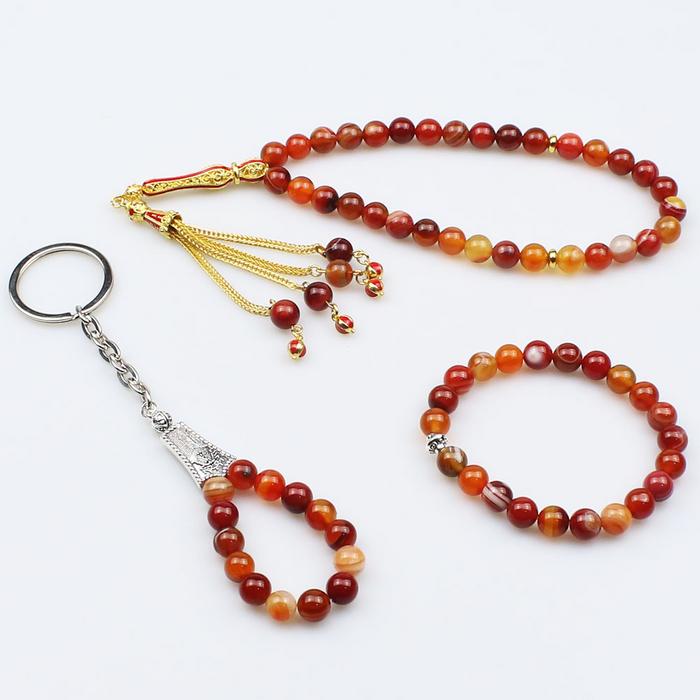 Dalgalı Akik Bileklik Anahtarlık Tesbih Doğal Taş Kombin Set