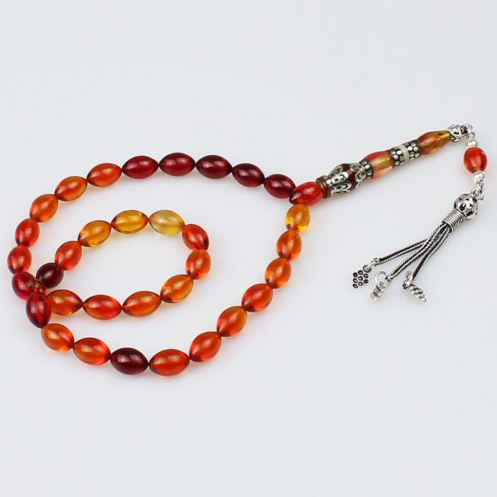 Gümüş Nakkaş İmameli Ateş Kehribar Tesbih (7 x 11 mm) TP001532