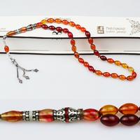 Gümüş Nakkaş İmameli Ateş Kehribar Tesbih (7 x 11 mm) TP001532