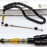 Gümüş Nakkaş İmameli Kesme Model Eskitme Kehribar Tesbih (9 x 11 mm)