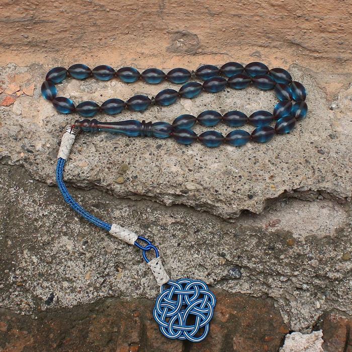 Kazaz Püsküllü  Açık Mavi  Kehribar Tesbih