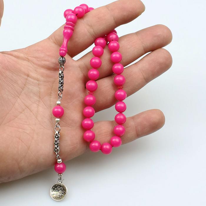 Küre Kesim Pembe Renk Ateş Kehribar Tesbih (9 x 9 mm)