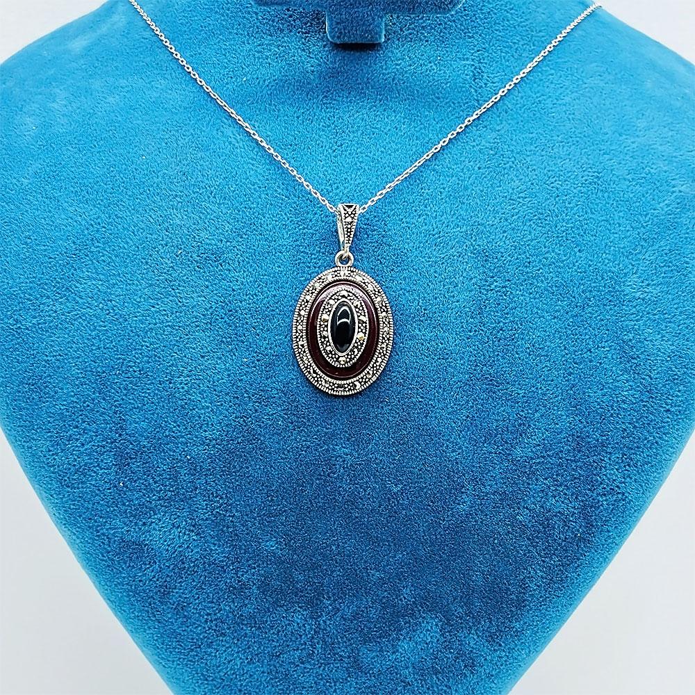 Agate & Oltu Stone Crafted 925 K Silver Necklace