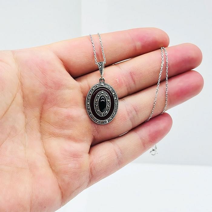 Akik ve Oltu Taşı İşçilikli 925 Ayar Gümüş Kolye