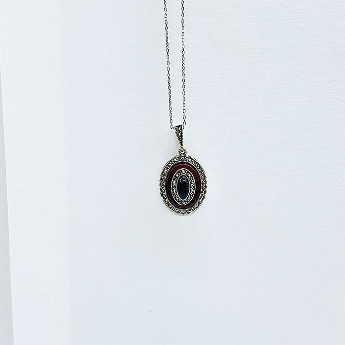 Akik ve Oltu Taşı İşçilikli 925 Ayar Gümüş Kolye