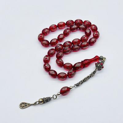 Bayrak Kırmızısı 925 Ayar Gümüş İşlemeli Sıkma Ateş Kehribar Tesbih