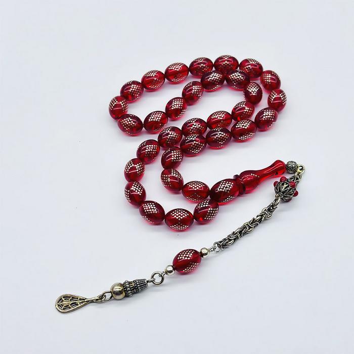 Bayrak Kırmızısı 925 Ayar Gümüş İşlemeli Sıkma Ateş Kehribar Tesbih