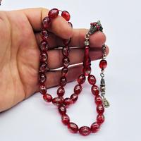 Bayrak Kırmızısı 925 Ayar Gümüş İşlemeli Sıkma Ateş Kehribar Tesbih