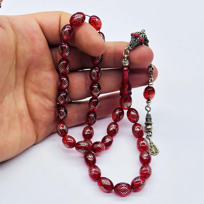 Bayrak Kırmızısı 925 Ayar Gümüş İşlemeli Sıkma Ateş Kehribar Tesbih