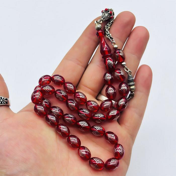 Bayrak Kırmızısı 925 Ayar Gümüş İşlemeli Sıkma Ateş Kehribar Tesbih