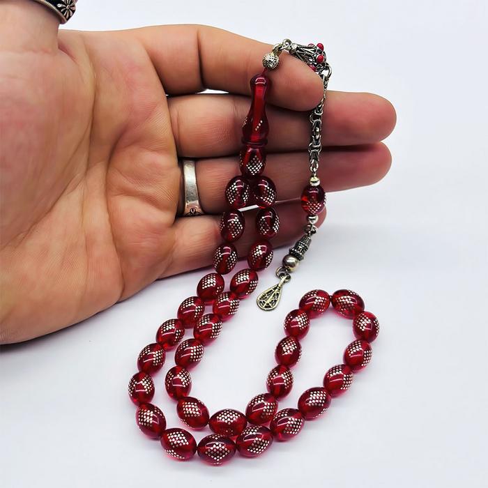 Bayrak Kırmızısı 925 Ayar Gümüş İşlemeli Sıkma Ateş Kehribar Tesbih