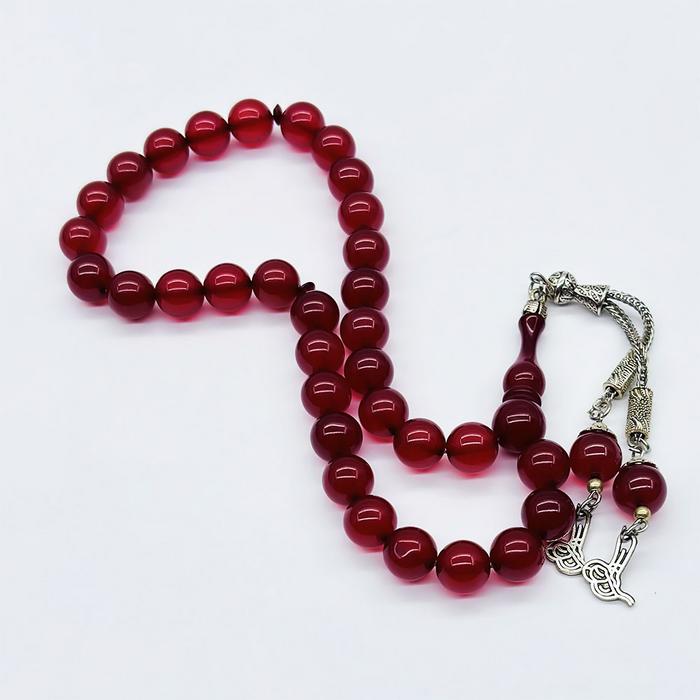 Bordo Renkte Misket Kesim Toz Sıkma Kehribar Tesbih