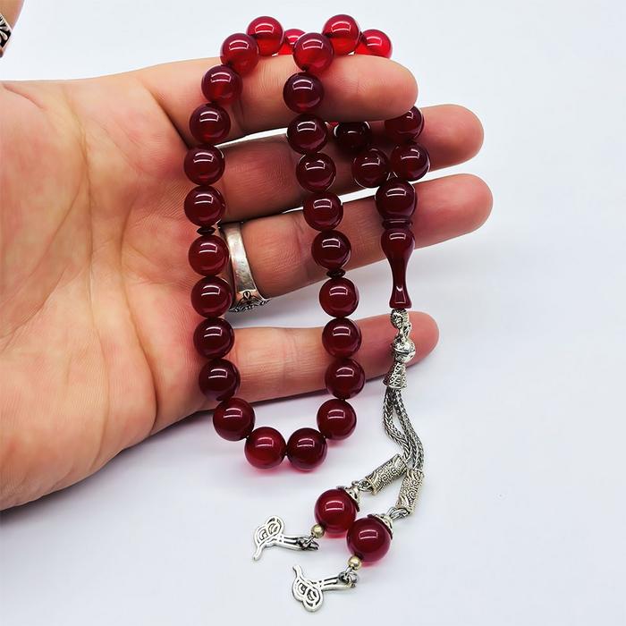 Bordo Renkte Misket Kesim Toz Sıkma Kehribar Tesbih