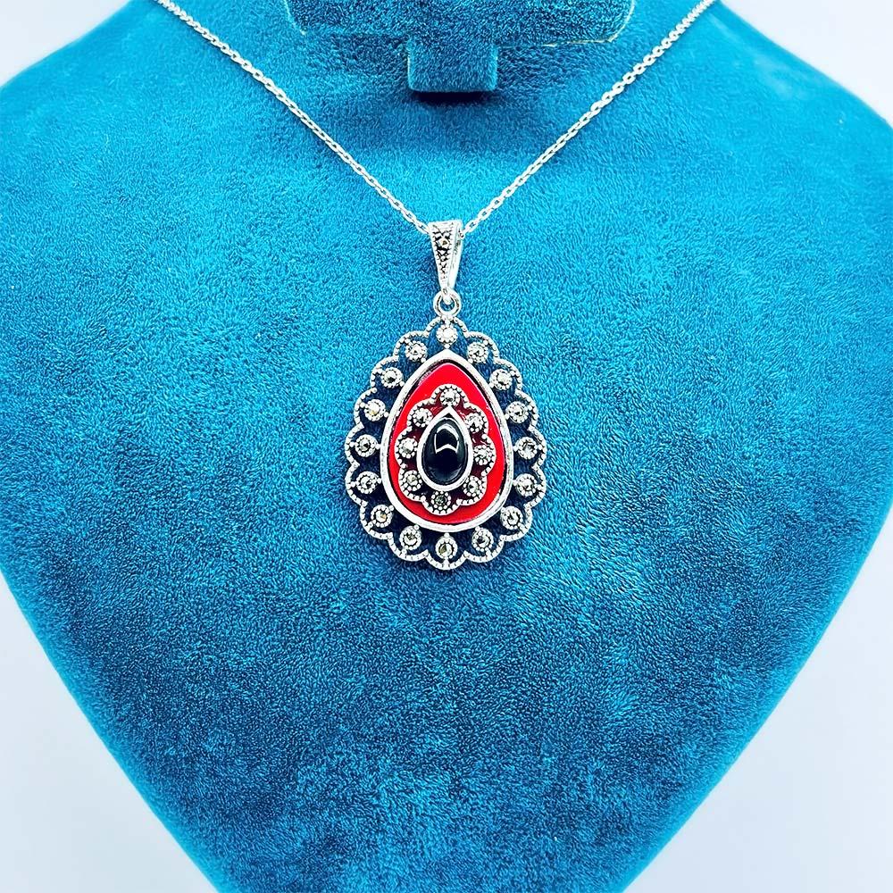 Drop Enamel & Oltu Stone Crafted 925 K Silver Necklace