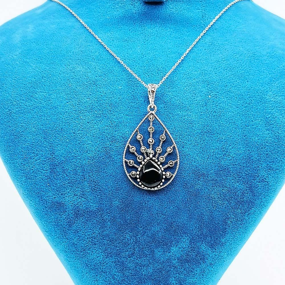 Drop Oltu Stone Crafted 925 K Silver Necklace