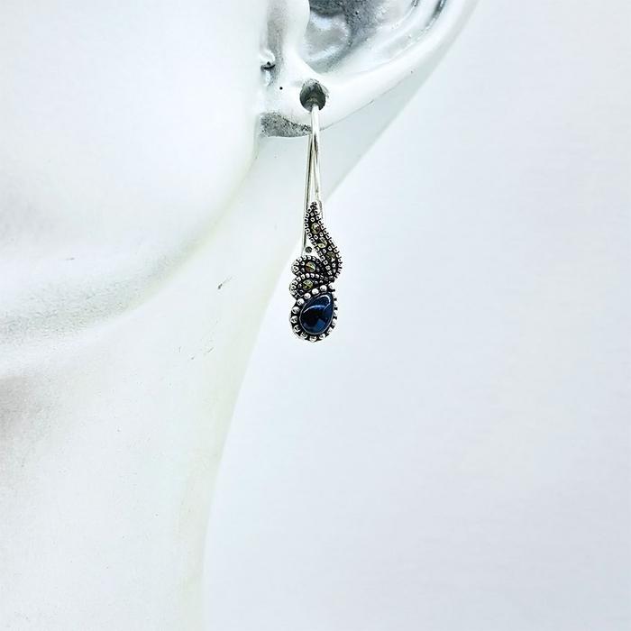 Damla Model Oltu Taşı İşçilikli 925 Ayar Gümüş Küpe