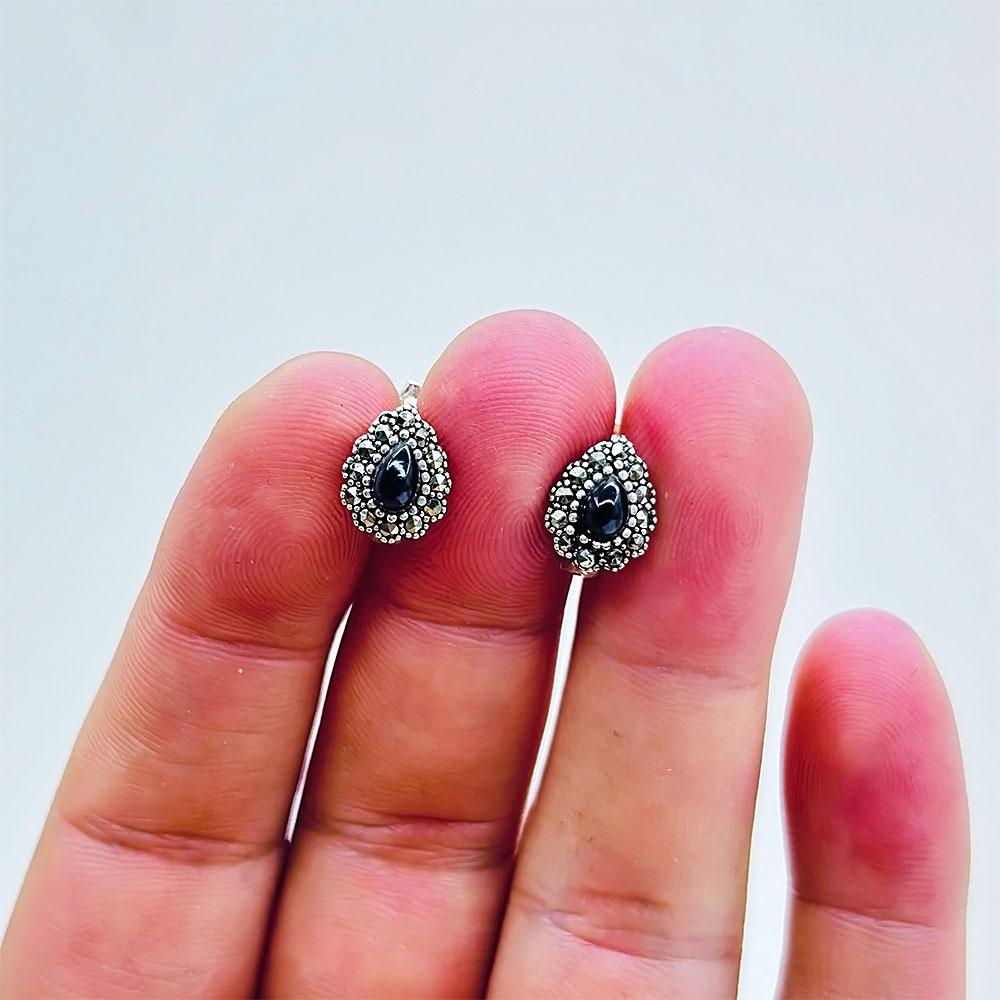 Drop Oltu Stone Crafted 925 K Silver Earrings