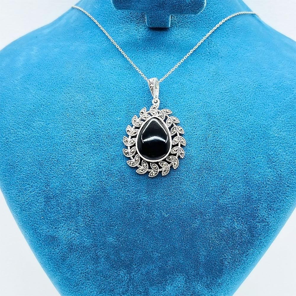 Drop Oltu Stone Design 925 K Silver Necklace