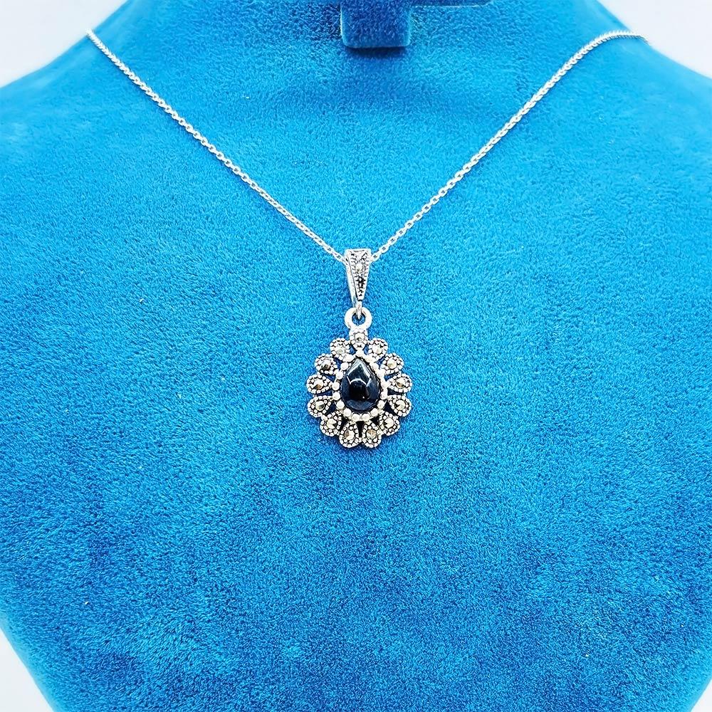 Drop Oltu Stone Design 925 K Silver Necklace